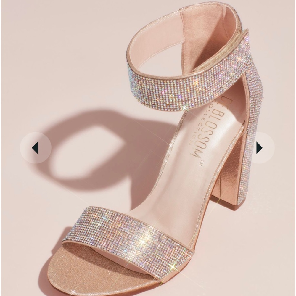 rose gold rhinestone sparkle block heel sandal david’s Bridal 8.5 celina blossom